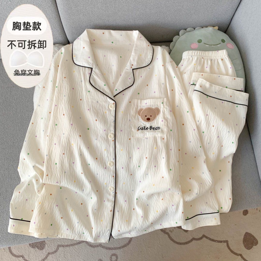 带胸垫睡衣女春秋云朵棉简约小熊卡通波点防凸点少女可外穿家居服