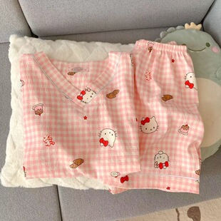 套装 短裤 少女可爱宽松可外穿家居服 V领短袖 卡通云朵棉睡衣女夏季