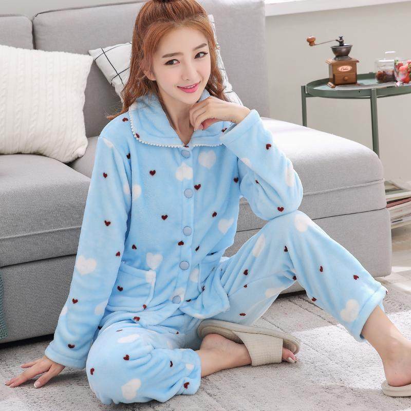 珊瑚绒睡衣女开衫加绒加厚套装