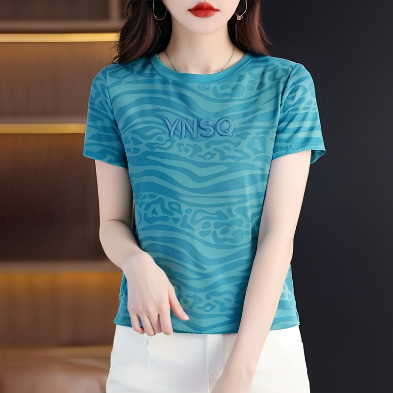 夏蓝色豹纹冰丝纯棉百搭短袖潮流T恤女2026年新款设计感小众上衣