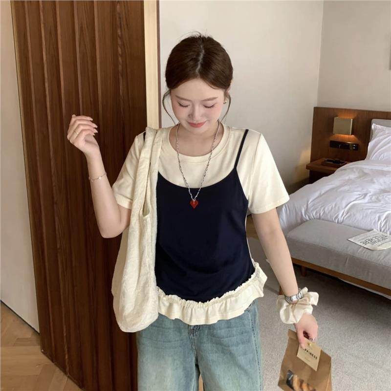 大码休闲短袖针织T恤女2026新款夏季假两件体恤胖MM遮肉显瘦上衣,女装/女士精品,T恤,淘宝优惠券,粉丝福利购,淘宝优惠卷