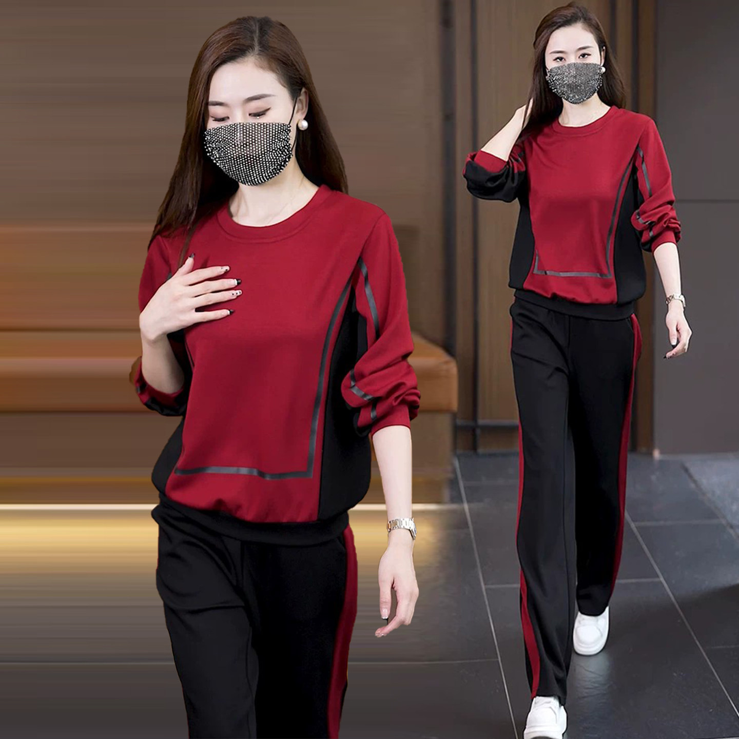 胖妹妹圆领长袖潮牌卫衣+裤子两件套女2026秋季休闲运动大码套装