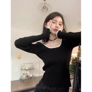 甜美花边方领打底衫女春秋冬季bm修身小个子撞色内搭上衣毛衣女款