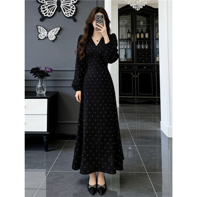 春季穿搭黑色波点碎花连衣裙子女