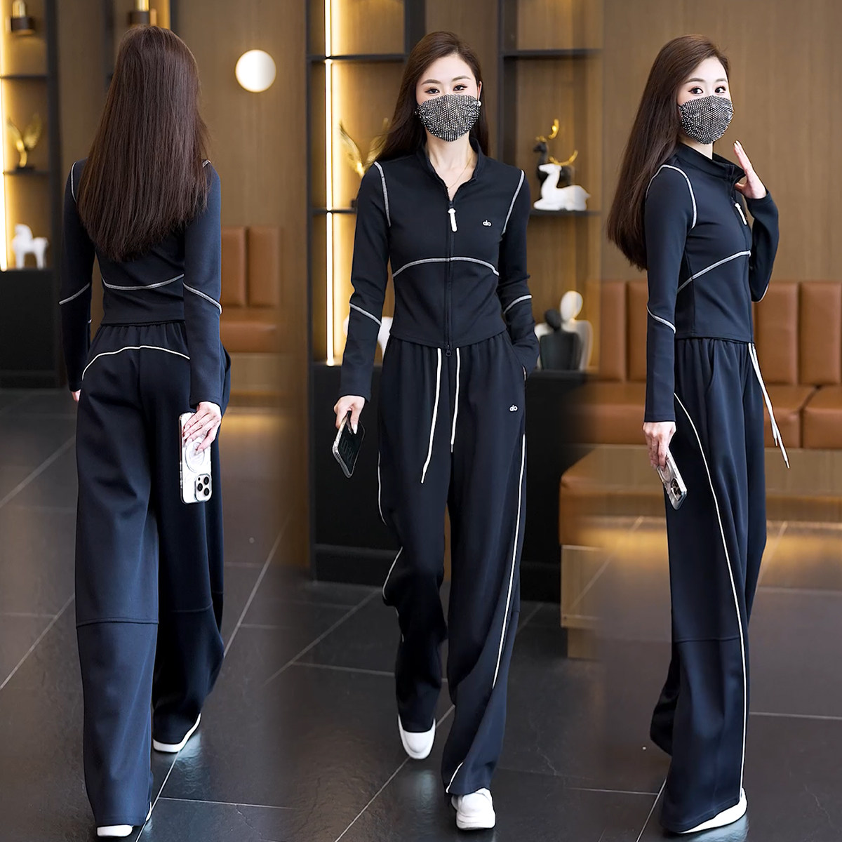 大码女装休闲运动服时尚套装女2026新款秋季圆领上衣+长裤两件套