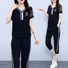 休闲运动套装女士2025夏季新款胖妹妹减龄显瘦撞色短袖T恤两件套