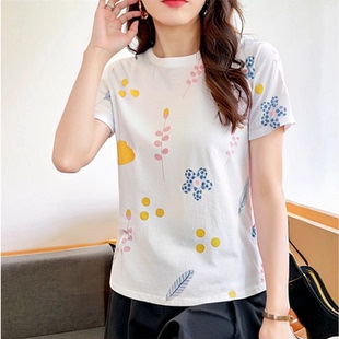 减龄上衣服 夏季 印花短袖 正肩圆领T恤女2025年新款 设计感小众时尚