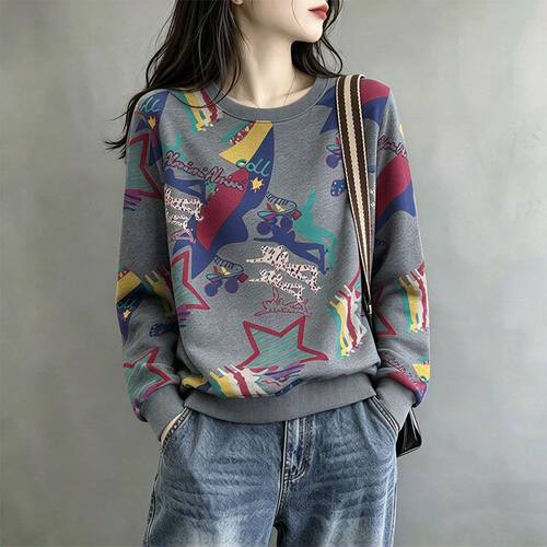 韩系彩色满印圆领长袖卫衣女