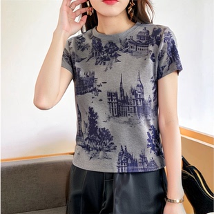 减龄上衣服 夏季 短袖 潮牌印花纯棉T恤女2025年新款 设计感小众时尚