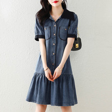 高级感轻奢泡泡袖牛仔连衣裙夏季新款胖MM时尚宽松显瘦短袖裙子女