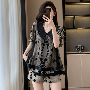 夏季碎花胖MM雪纺印花娃娃领小衫+短裤两件套女2026新款洋气套装