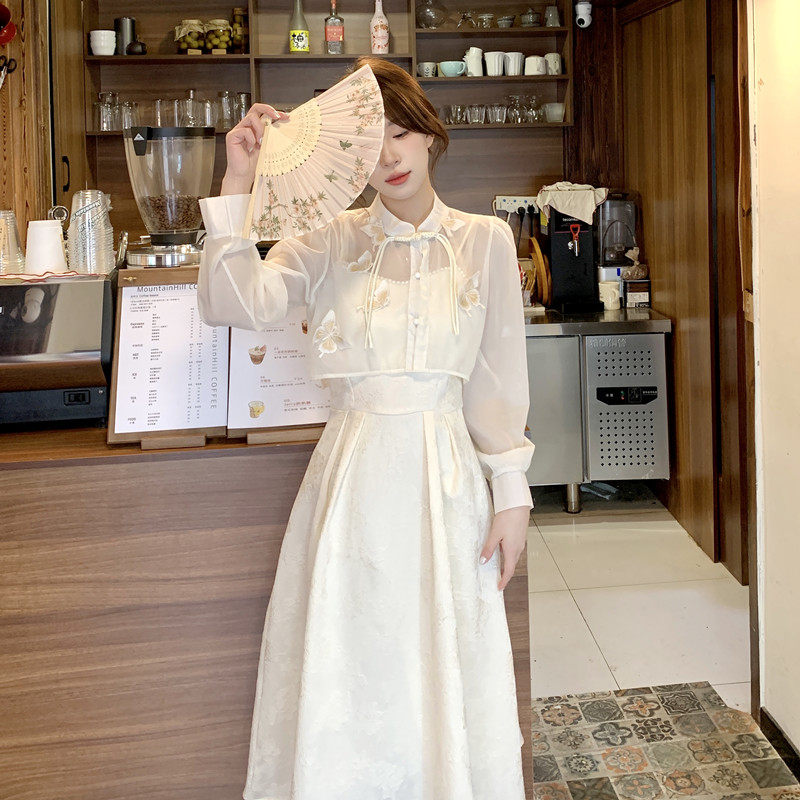 复古国风仙女裙两件套新中式长袖上衣法式气质吊带连衣裙大码套装