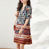小立V领宽松短袖 胖妹妹民族风印花裙子2026年夏季 新款 连衣裙潮女