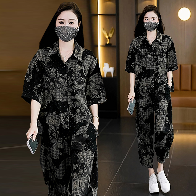 大码女装印花衬衫+哈伦裤两件套