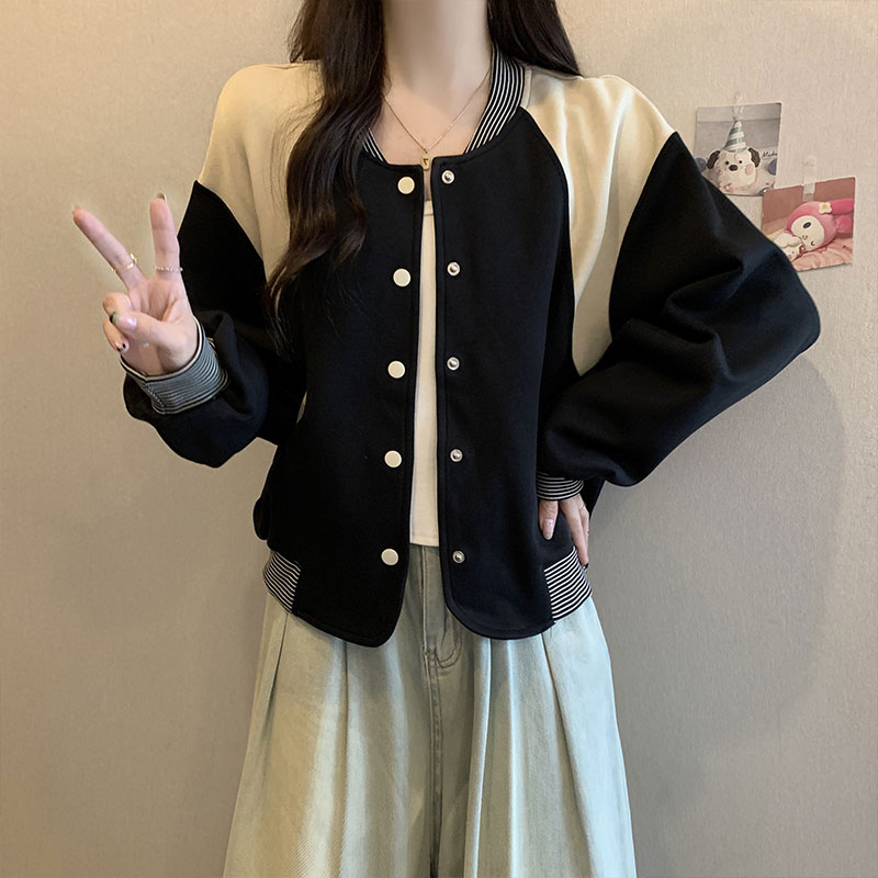 大码撞色棒球服女秋冬2024新款小个子复古休闲宽松显瘦短款外套女