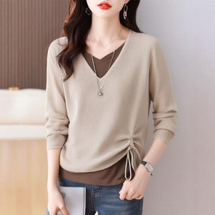 大码专柜品牌女装拼色假两件V领针织衫女新秋季抽绳百搭长袖上衣