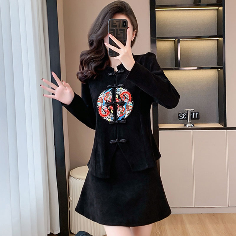 大码女装复古洋气民族风新中式上衣小黑裙两件套装女2025秋季新款