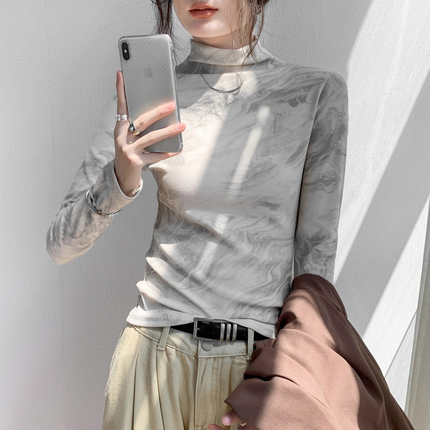 半高领扎染长袖修身内搭打底衫