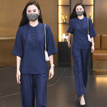 新款胖MM妈妈装时尚套装女2025夏季韩版宽松显瘦衬衫+裤子两件套