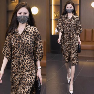 POLO领遮肉豹纹衬衫 2025夏季 胖MM大码 韩版 领连衣裙中长裙子女 新款