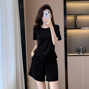 新款 短袖 大碼 兩件套女2025夏季 T恤 短褲 胖mm遮肚時(shí)尚 女裝 休閑套裝