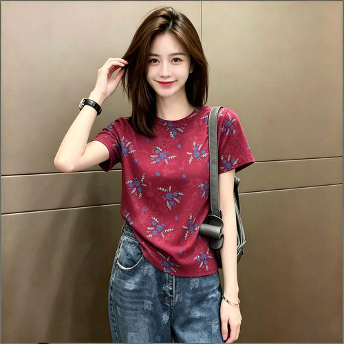 新款洋气碎花正肩短袖T恤女