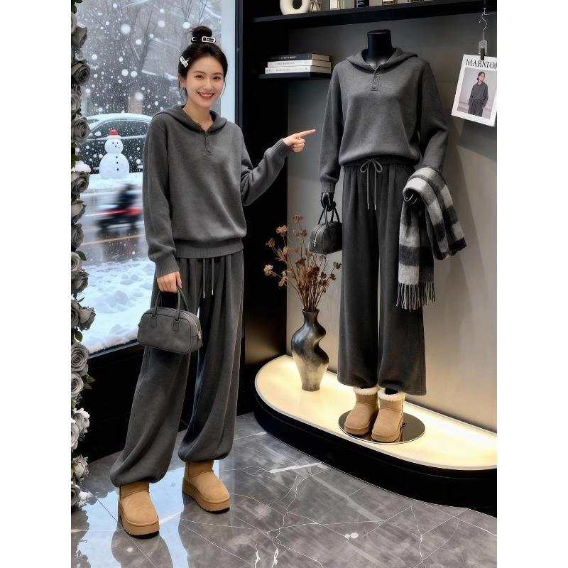 大码女装慵懒风灰色连帽毛衣针织衫秋冬款胖mm显瘦宽松打底衫上衣