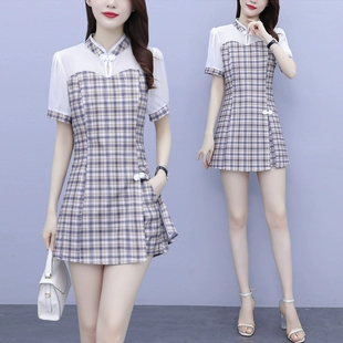 旗袍连衣裙女2023夏季 裙子 套装 中国改良版 新款 胖妹妹格子复古短裤
