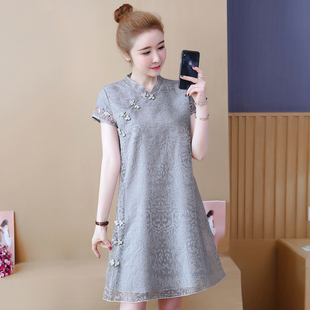 旗袍连衣裙改良复古短袖 大码 欧根纱新式 胖mm中国风女装 网纱裙 夏装