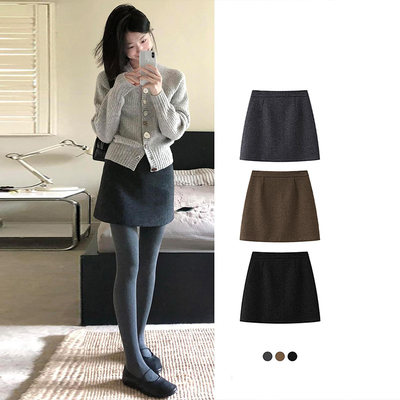 高腰显瘦小个子灰色毛呢半身裙女