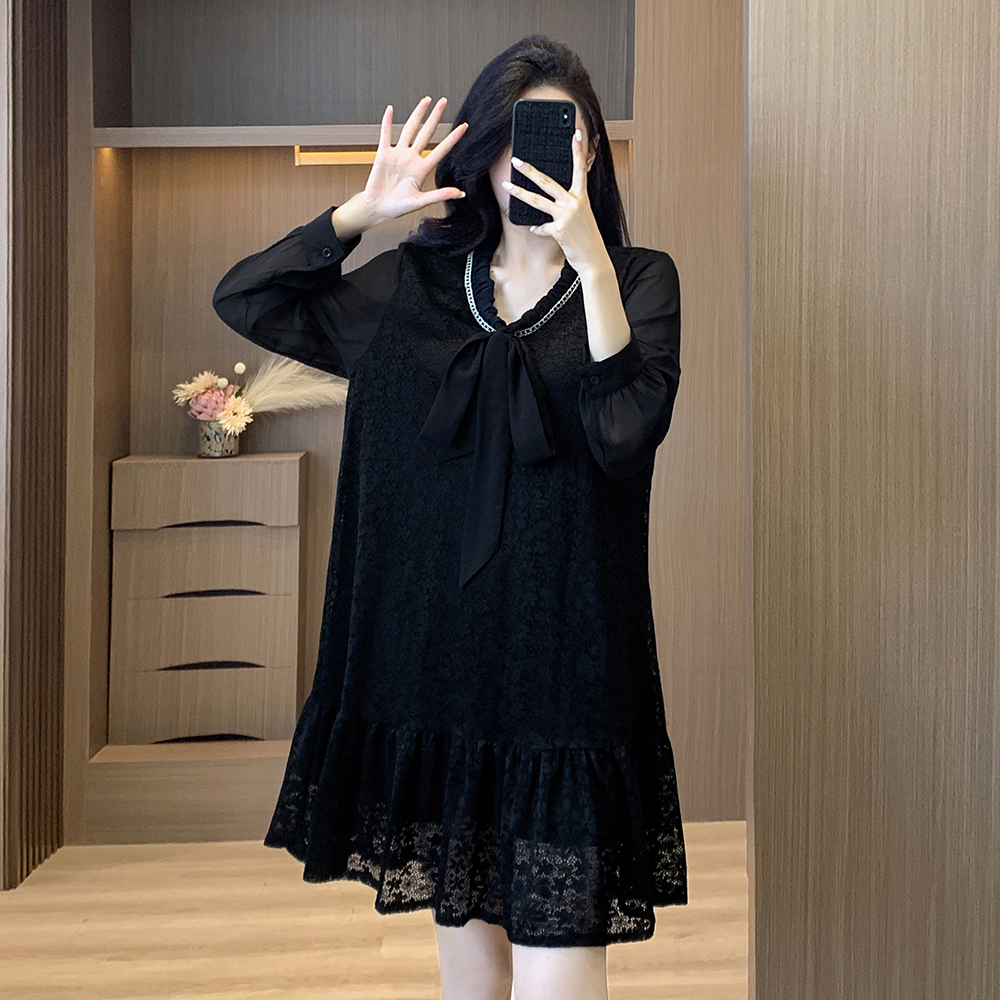 大码女装蕾丝中长款连衣裙女2025秋季新荷叶边长袖拼接蝴蝶结裙子