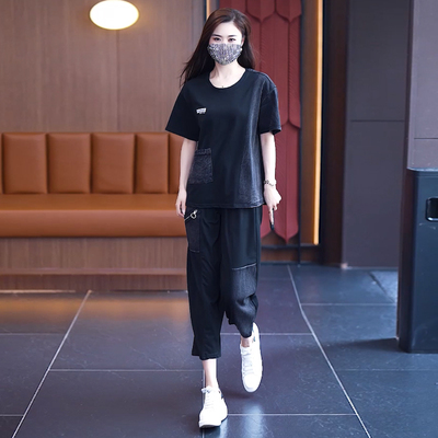 夏季休闲大码套装女2025年新款胖MM宽松拼接牛仔短袖+裤子两件套