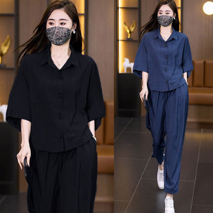大码时尚休闲套装女2026夏季新款洋气显瘦短袖上衣哈伦裤子两件套