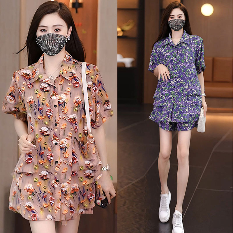 大码时尚休闲套装女2025新款夏装宽松立体印花雪纺短袖短裤两件套