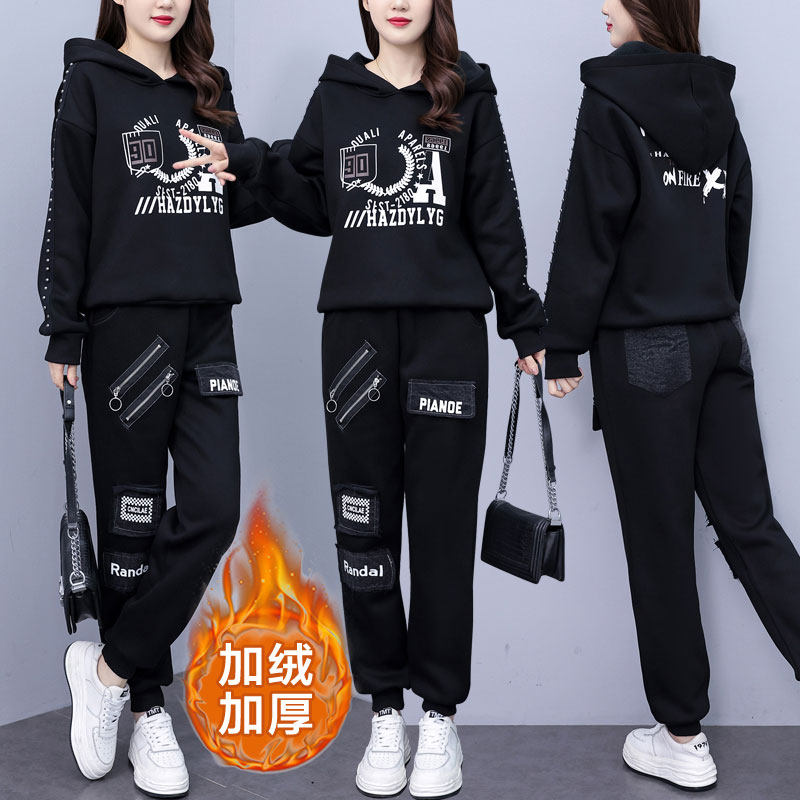 2026冬季加绒加厚大码休闲套装女胖mm宽松印花牛仔连帽卫衣两件套