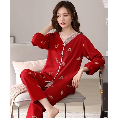 高档红色睡衣女春秋款莫代尔棉