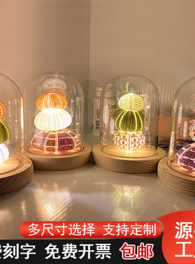 USB插电池底座海胆灯永生干花玻璃罩手办模透明带小夜灯跨境厂家