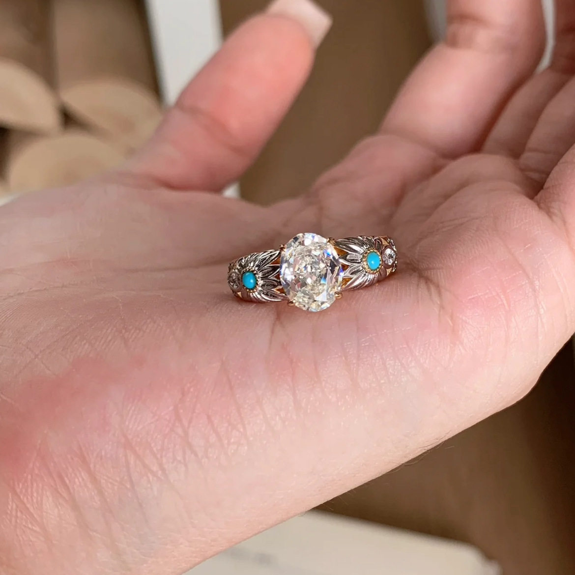 S925银小雏菊鸽子蛋戒指女气质精致感点缀绿松石工艺时尚气质指环,饰品/流行首饰/时尚饰品新,戒指/指环,淘宝优惠券,粉丝福利购,淘宝优惠卷