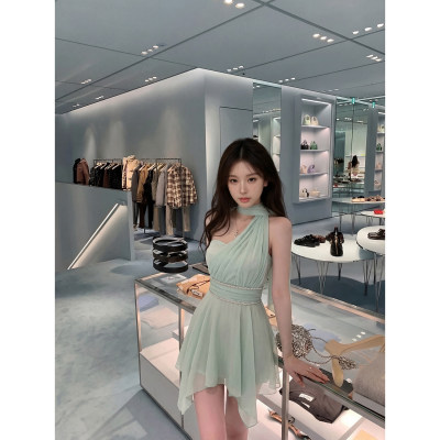 正品专柜法式气质挂脖无袖连衣裙女夏季不规则收腰显瘦网纱短裙子