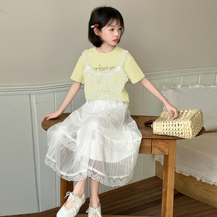 2025新款 洋氣兒童裝 短袖 夏裝 T恤裙子兩件套. 半身裙套裝 女大童夏季