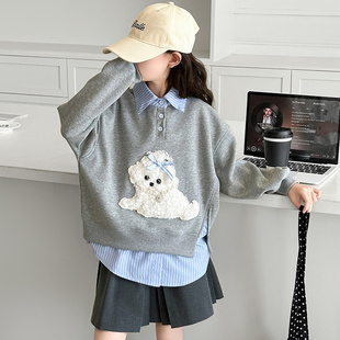 女童卫衣假两件秋季 衣服 2025新款 儿童超好看韩系上衣女大童polo衫