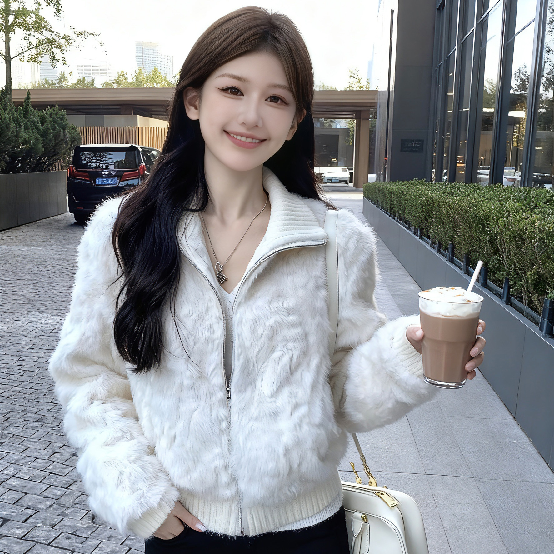 小香风白色短款毛毛外套2025秋冬新款高级感时尚年轻款毛绒绒上衣