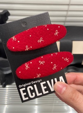 E5156 红色蝴蝶结波椭圆bb夹秋冬毛呢可爱秋冬百搭碎发刘海夹ins