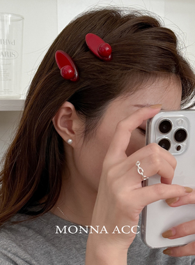 E3567 单只装秋冬新款安可拉红气质樱桃珠珠公主蛋夹醋酸刘海边夹