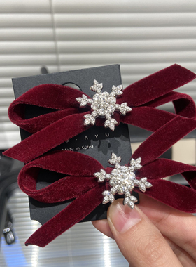 秋冬新款新年圣诞雪花蝴蝶结碎发夹辣妹百搭闪钻鸭嘴夹侧边E2674
