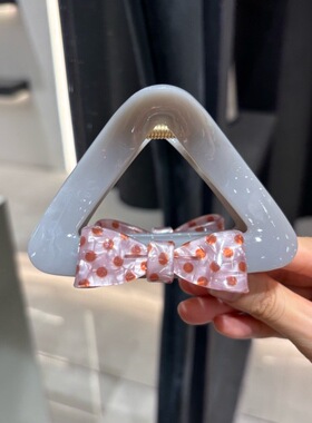 A0539 粉灰波点蝴蝶结三角抓夹10cm中号显发量盘发少女鲨鱼夹发饰