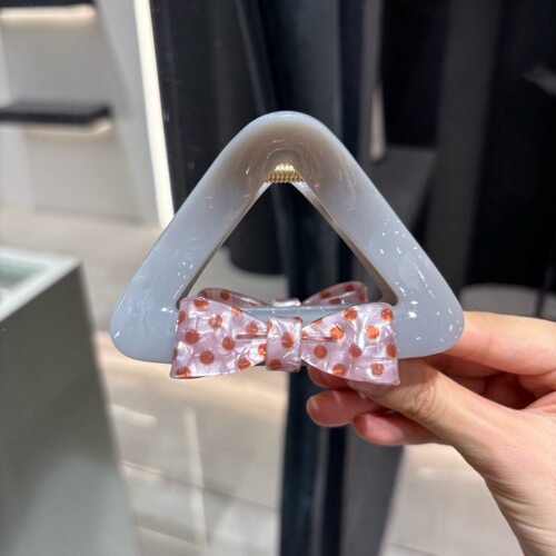 A0539 粉灰波点蝴蝶结三角抓夹10cm中号显发量盘发少女鲨鱼夹发饰