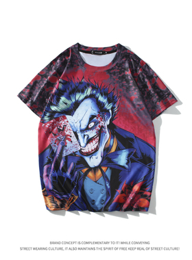 ins 潮圆领创意卡通小丑搞笑印花短袖T恤男街头宽松夏情侣休闲短T