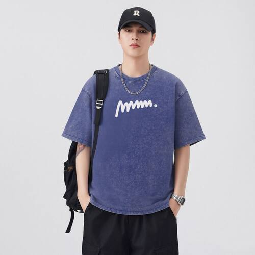 美式水洗做旧宽松字母短袖T恤男