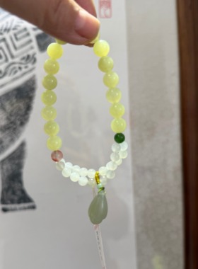 天然和田玉黄玉圆珠原创设计手链手串卡8mm+白玉5mm玉莲花109号